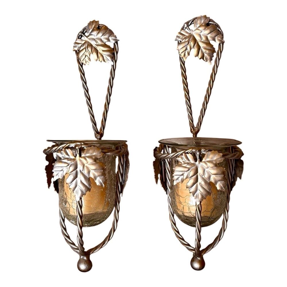 HOME INTERIORS 2 Twisted Rope Hanging Candle Holders with Crackle Glass Votives